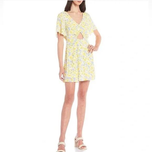 GB Gianni Bini Bright Yellow Floral Keyhole Cut Out Mini Fit & Flare Dress - Picture 2 of 13